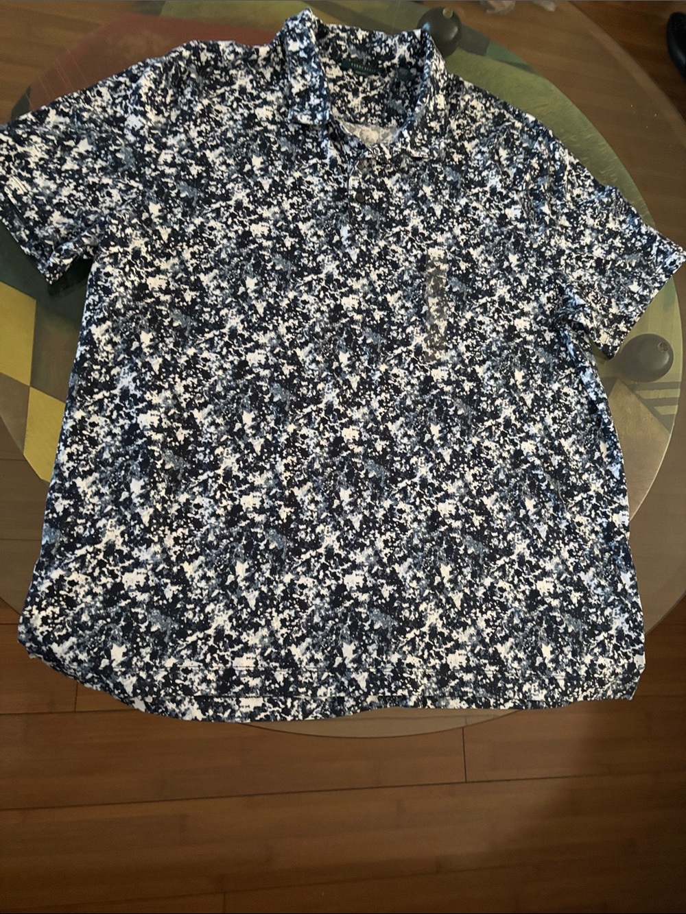 Perry Ellis Navy and White Abstract Print Polo